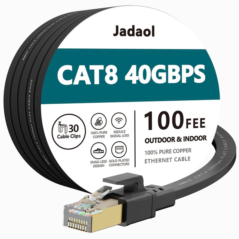 Jadaol Cat 8 Ethernet Cable 100ft (30.48m), 40Gbps 2000MHz Flat S/FTP LAN Patch Cable, High-Speed Cat8 Network Cable for Router, Modem, Switch, Gaming Consoles, PC, Smart TV & Streaming Devices, Black - Image 1
